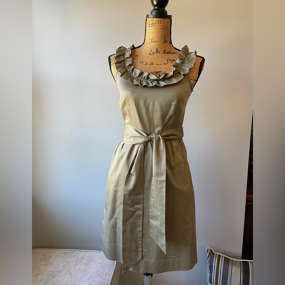 J. Crew Sz 0P Olive Green Ruffled Neck Midi Dress
